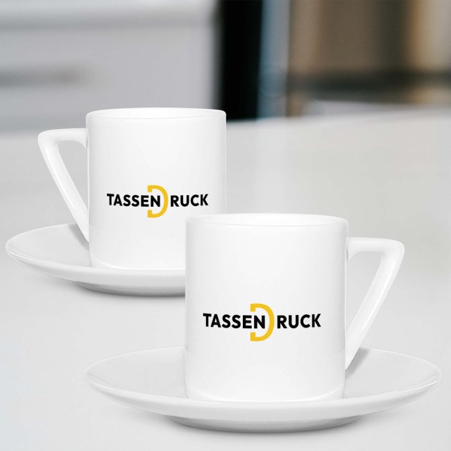 Espresso Tasse aus Porzellan - Henkel eckig - mit Teller - 100 ml - inkl. Druck - Druckbereich 120 x 45 mm