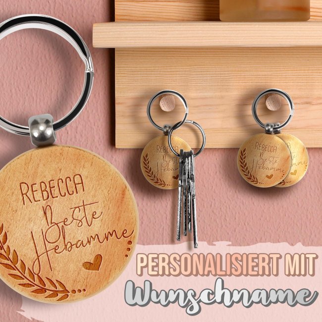 Personalisierter Schl&uuml;sselanh&auml;nger f&uuml;r die Beste Hebamme - mit Name - rund aus Echtholz - 45 x 45 mm
