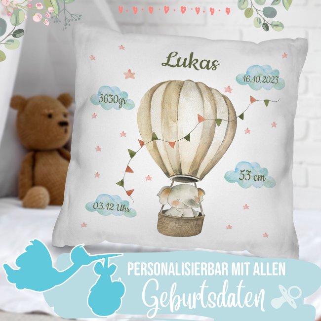 Kissen zur Geburt f&uuml;r Junge - personalisierbar mit Geburtsdaten - Elefant - Wei&szlig;