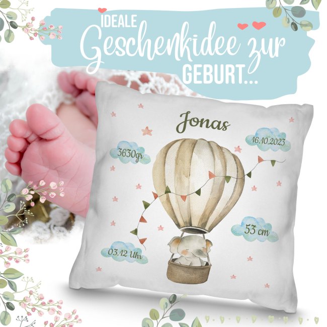 Kissen zur Geburt f&uuml;r Junge - personalisierbar mit Geburtsdaten - Elefant - Wei&szlig;