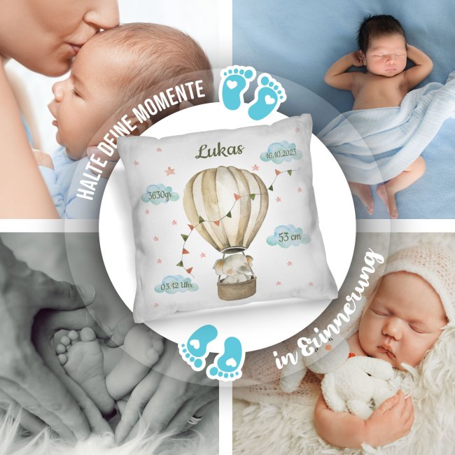 Kissen zur Geburt f&uuml;r Junge - personalisierbar mit Geburtsdaten - Elefant - Wei&szlig;