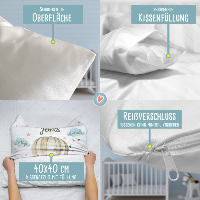 Kissen zur Geburt f&uuml;r Junge - personalisierbar mit Geburtsdaten - Elefant - Wei&szlig;