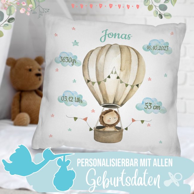 Kissen zur Geburt f&uuml;r Junge - personalisierbar mit Geburtsdaten - L&ouml;we - Wei&szlig;