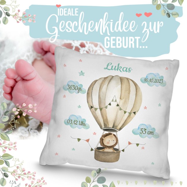 Kissen zur Geburt f&uuml;r Junge - personalisierbar mit Geburtsdaten - L&ouml;we - Wei&szlig;