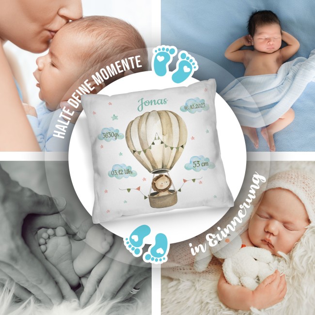 Kissen zur Geburt f&uuml;r Junge - personalisierbar mit Geburtsdaten - L&ouml;we - Wei&szlig;