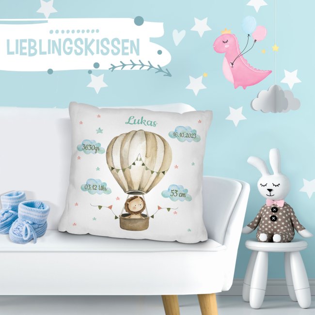 Kissen zur Geburt f&uuml;r Junge - personalisierbar mit Geburtsdaten - L&ouml;we - Wei&szlig;