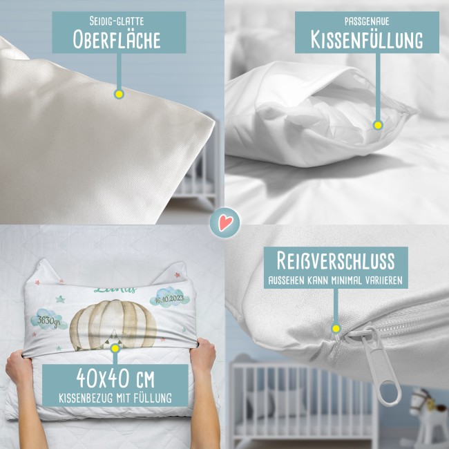 Kissen zur Geburt f&uuml;r Junge - personalisierbar mit Geburtsdaten - L&ouml;we - Wei&szlig;