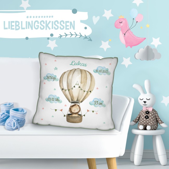 Kissen zur Geburt f&uuml;r Junge - personalisierbar mit Geburtsdaten - L&ouml;we - Gr&uuml;n