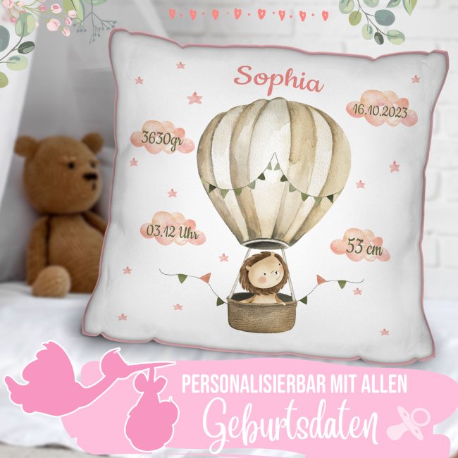 Kissen zur Geburt f&uuml;r M&auml;dchen - personalisierbar mit Geburtsdaten - L&ouml;we - Rosa