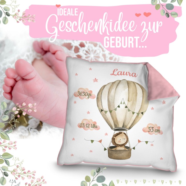 Kissen zur Geburt f&uuml;r M&auml;dchen - personalisierbar mit Geburtsdaten - L&ouml;we - Rosa
