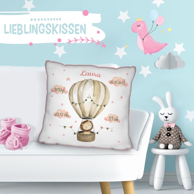 Kissen zur Geburt f&uuml;r M&auml;dchen - personalisierbar mit Geburtsdaten - L&ouml;we - Rosa