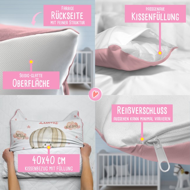Kissen zur Geburt f&uuml;r M&auml;dchen - personalisierbar mit Geburtsdaten - L&ouml;we - Rosa