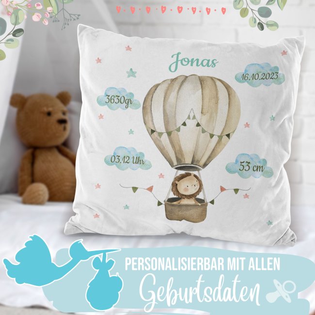 Flauschkissen zur Geburt f&uuml;r Junge - personalisierbar mit Geburtsdaten - L&ouml;we - Wei&szlig; Flauschig