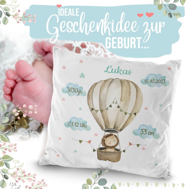 Flauschkissen zur Geburt f&uuml;r Junge - personalisierbar mit Geburtsdaten - L&ouml;we - Wei&szlig; Flauschig