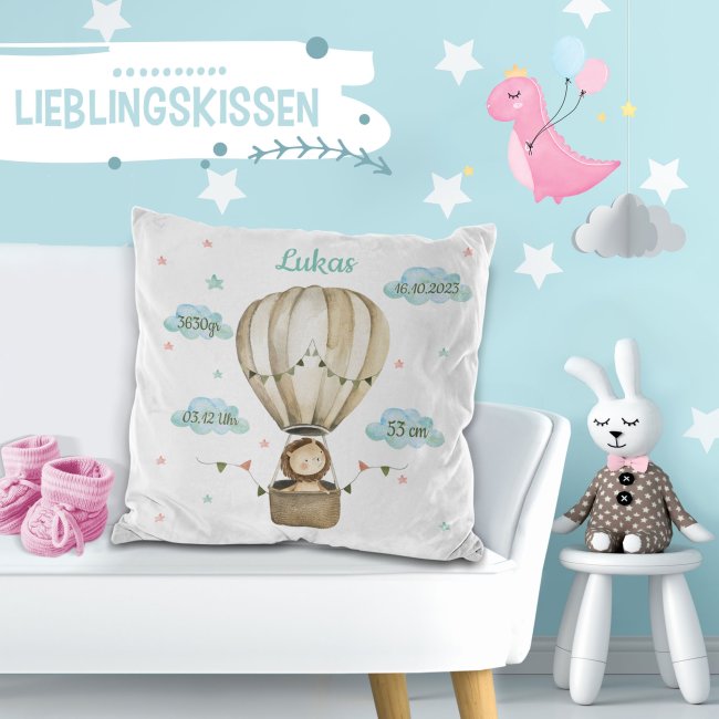 Flauschkissen zur Geburt f&uuml;r Junge - personalisierbar mit Geburtsdaten - L&ouml;we - Wei&szlig; Flauschig