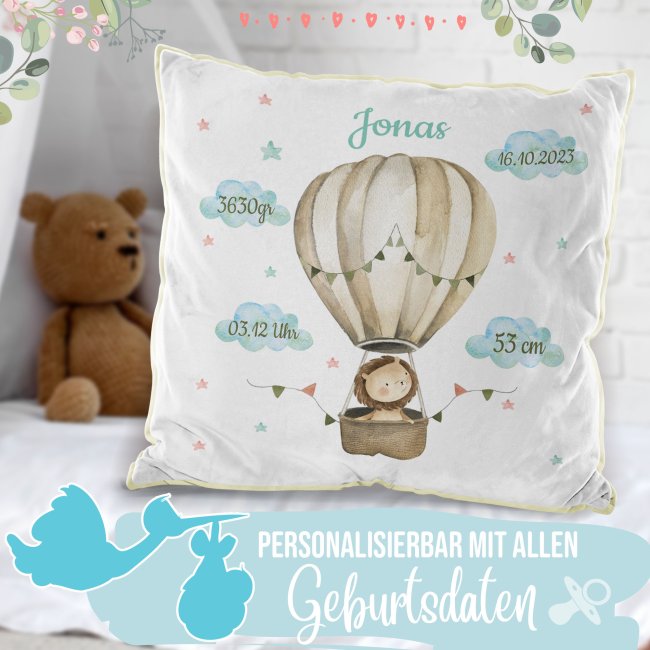 Flauschkissen zur Geburt f&uuml;r Junge - personalisierbar mit Geburtsdaten - L&ouml;we - Gelb Flauschig