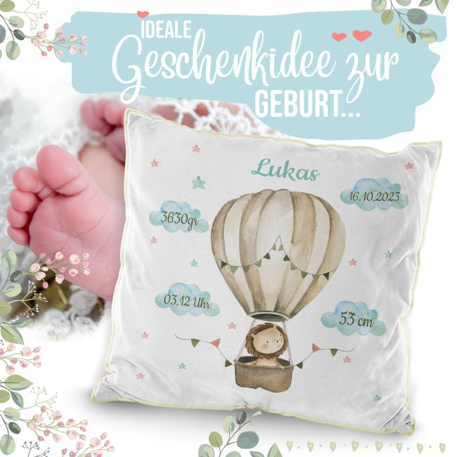 Flauschkissen zur Geburt f&uuml;r Junge - personalisierbar mit Geburtsdaten - L&ouml;we - Gelb Flauschig