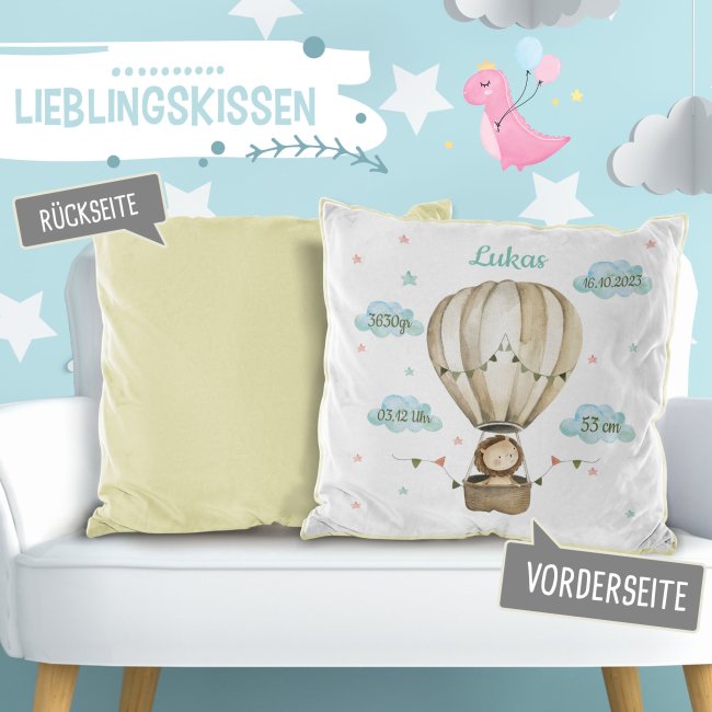 Flauschkissen zur Geburt f&uuml;r Junge - personalisierbar mit Geburtsdaten - L&ouml;we - Gelb Flauschig