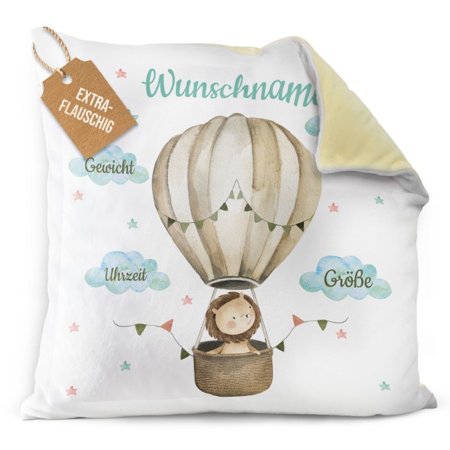 Flauschkissen zur Geburt f&uuml;r Junge - personalisierbar mit Geburtsdaten - L&ouml;we - Gelb Flauschig