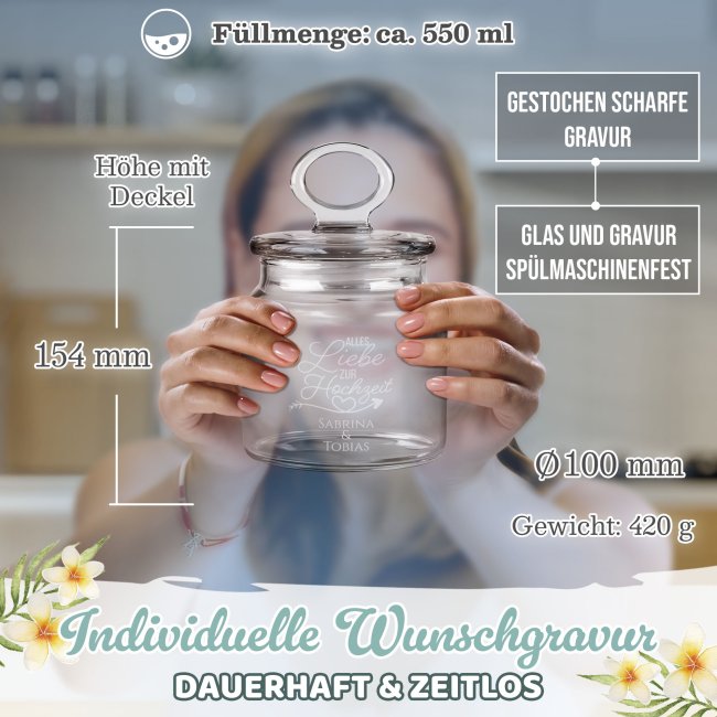 Vorratsdose aus Glas mit Gravur - Zur Hochzeit mit Namen personalisieren - 550 ml