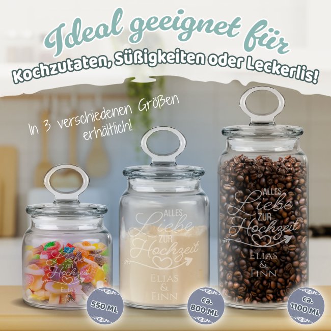 Vorratsdose aus Glas mit Gravur - Zur Hochzeit mit Namen personalisieren - 550 ml