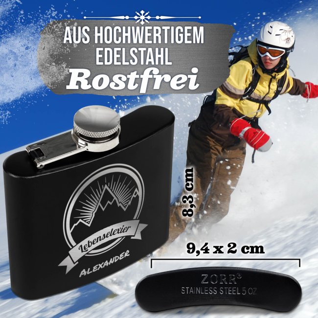 Personalisierter Flachmann mit Gravur - mit Name - Lebenselixier - 140 ml in Schwarz