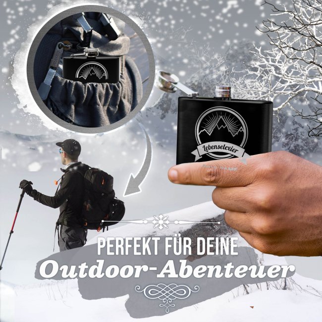 Personalisierter Flachmann mit Gravur - mit Name - Lebenselixier - 140 ml in Schwarz