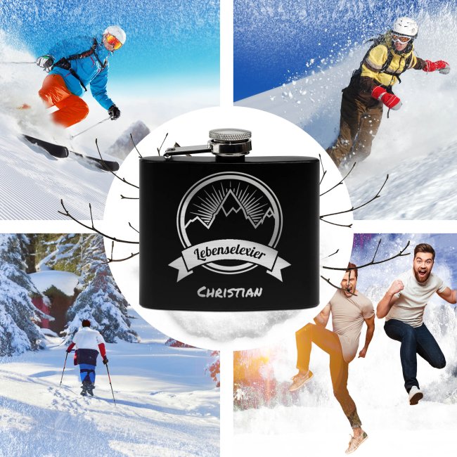 Personalisierter Flachmann mit Gravur - mit Name - Lebenselixier - 140 ml in Schwarz