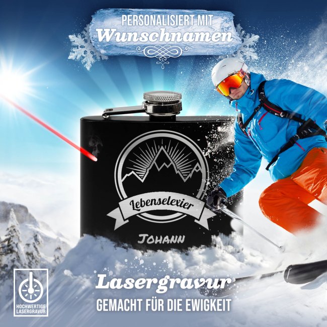 Personalisierter Flachmann mit Gravur - mit Name - Lebenselixier - 140 ml in Schwarz