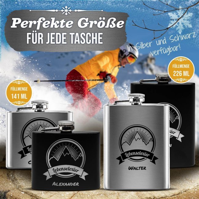 Personalisierter Flachmann mit Gravur - mit Name - Lebenselixier - 140 ml in Schwarz