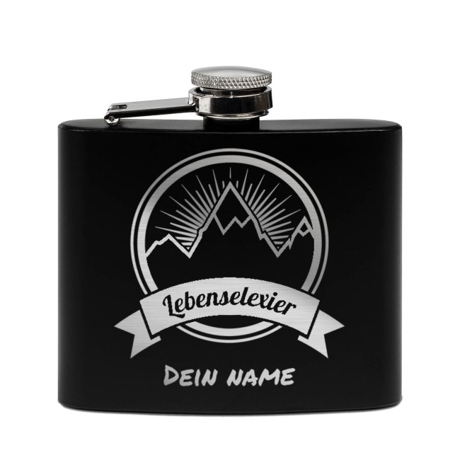 Personalisierter Flachmann mit Gravur - mit Name - Lebenselixier - 140 ml in Schwarz