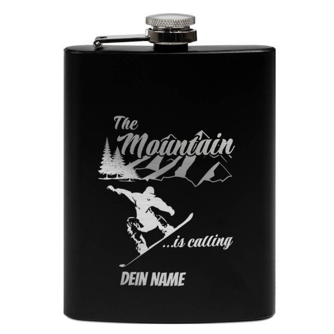 Personalisierter Flachmann mit Gravur - mit Name - The mountain is calling! - 225ml in Schwarz