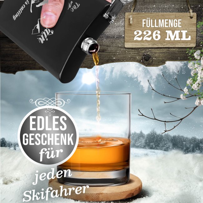 Personalisierter Flachmann mit Gravur - mit Name - The mountain is calling! - 225ml in Schwarz