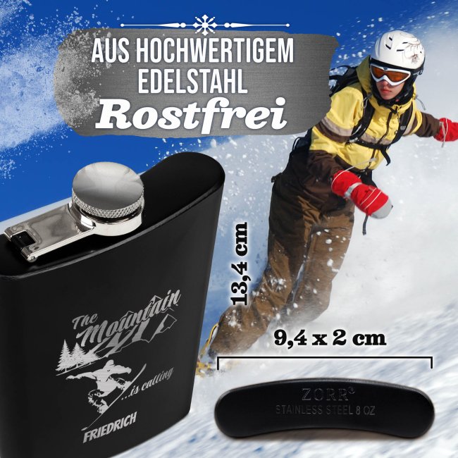 Personalisierter Flachmann mit Gravur - mit Name - The mountain is calling! - 225ml in Schwarz