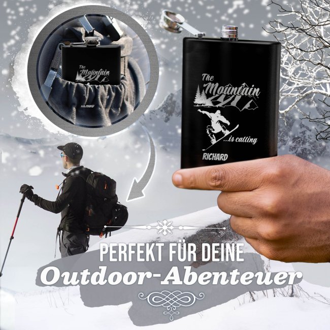Personalisierter Flachmann mit Gravur - mit Name - The mountain is calling! - 225ml in Schwarz