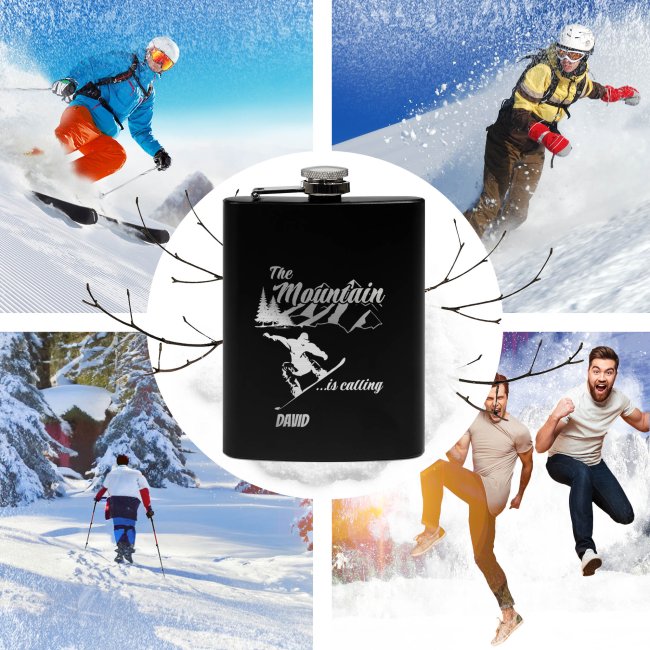 Personalisierter Flachmann mit Gravur - mit Name - The mountain is calling! - 225ml in Schwarz