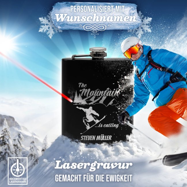 Personalisierter Flachmann mit Gravur - mit Name - The mountain is calling! - 225ml in Schwarz
