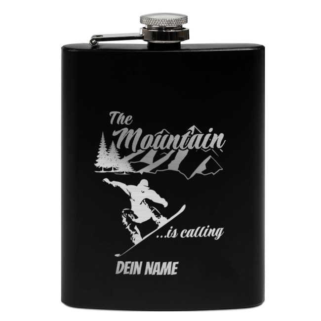 Personalisierter Flachmann mit Gravur - mit Name - The mountain is calling! - 225ml in Schwarz