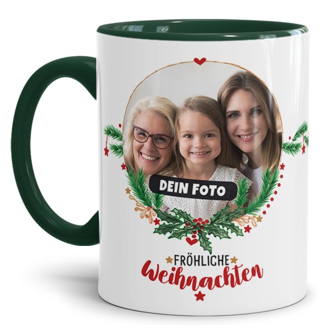 Weihnachtstasse mit Foto selbst gestalten - Frohe Weihnachten - Innen &amp; Henkel Dunkelgr&uuml;n