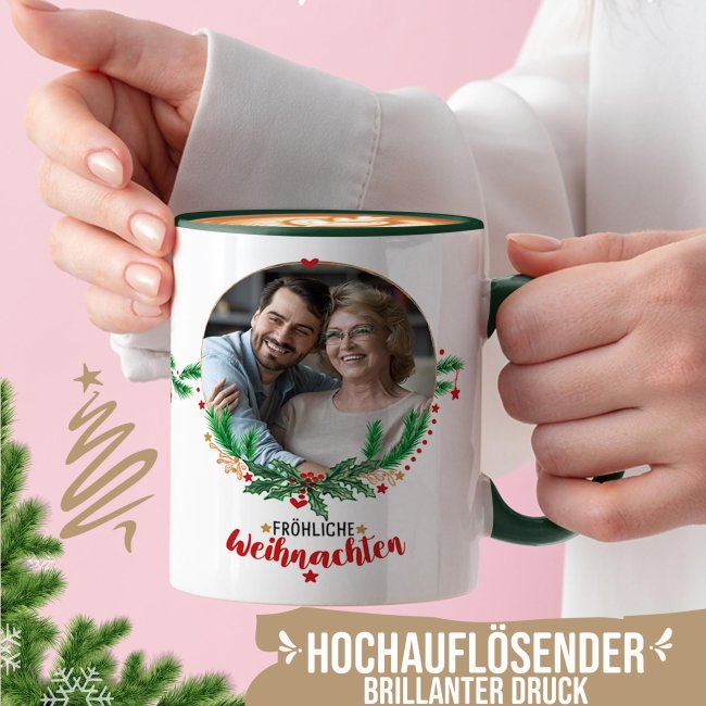 Weihnachtstasse mit Foto selbst gestalten - Frohe Weihnachten - Innen &amp; Henkel Dunkelgr&uuml;n