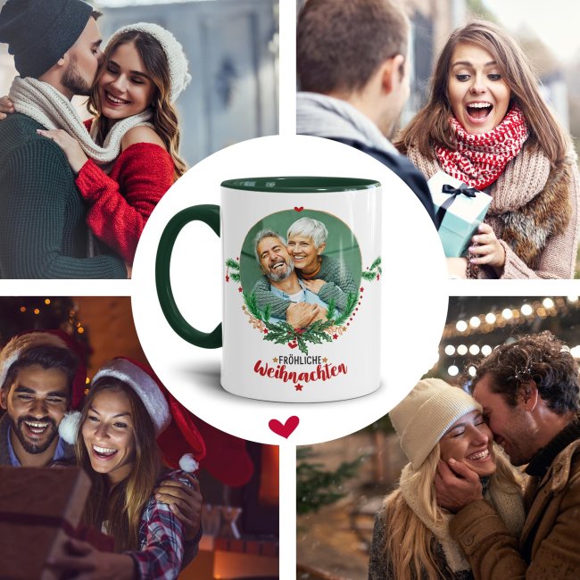 Weihnachtstasse mit Foto selbst gestalten - Frohe Weihnachten - Innen &amp; Henkel Dunkelgr&uuml;n