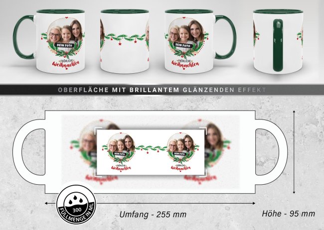 Weihnachtstasse mit Foto selbst gestalten - Frohe Weihnachten - Innen &amp; Henkel Dunkelgr&uuml;n