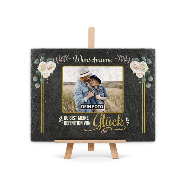 Schiefersteinplatte mit Foto und Name - Du bist mein Gl&uuml;ck - in 2 Gr&ouml;&szlig;en mit Staffelei