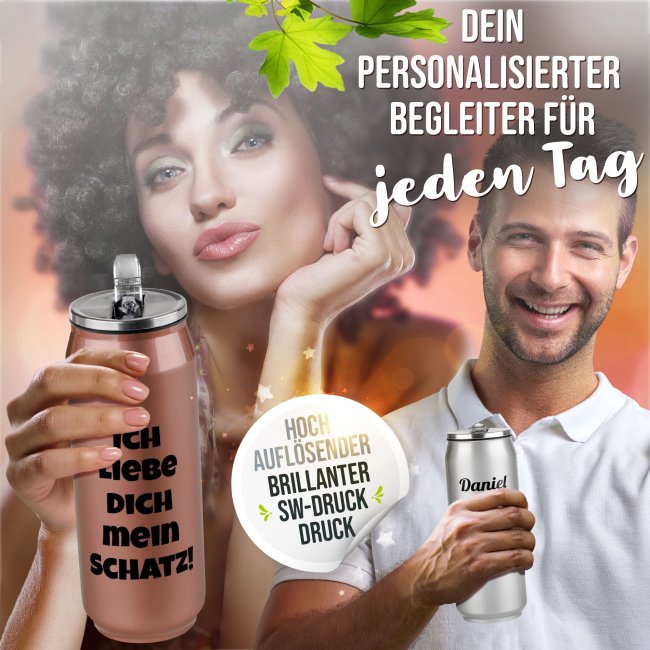 Edelstahl-Trinkflasche - Cola-Dose - mit Wunschtext - in vier Farben - 420 ml