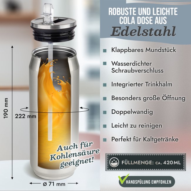 Edelstahl-Trinkflasche - Cola-Dose - mit Text individuell gestalten - Grau Metallic - 420 ml