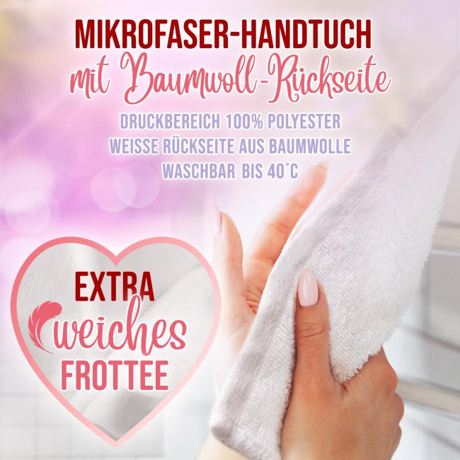 Handtuch bedrucken - Collage mit 6 Fotos und Text - Hochformat 140 x 70 cm, rosa