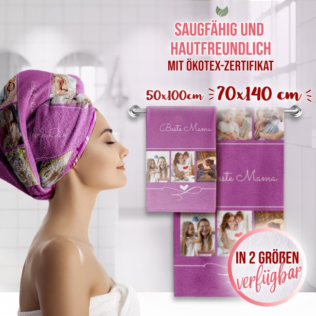 Handtuch bedrucken - Collage mit 6 Fotos und Text - Hochformat 140 x 70 cm, rosa