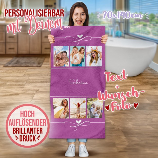 Handtuch bedrucken - Collage mit 6 Fotos und Text - Hochformat 140 x 70 cm, rosa