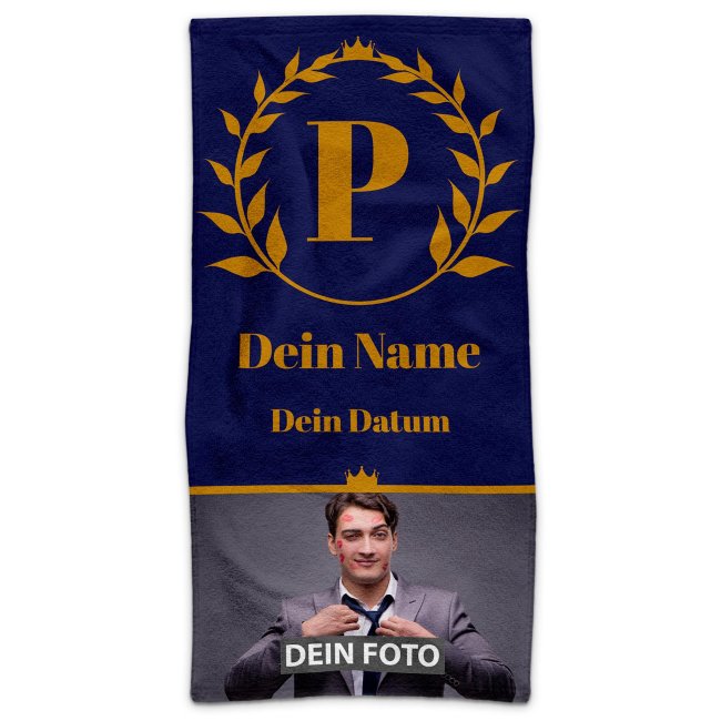 Handtuch personalisieren - mit Foto, Name, Datum und Initiale - Hochformat 100 x 50 cm, blau
