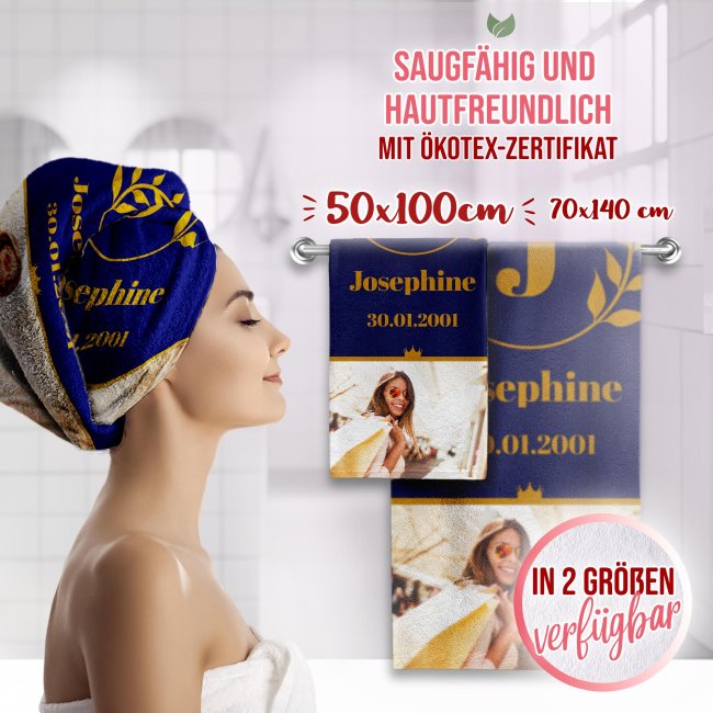 Handtuch personalisieren - mit Foto, Name, Datum und Initiale - Hochformat 100 x 50 cm, blau